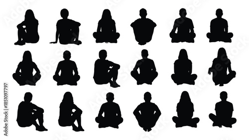 Diverse yoga poses depicted in black shapes representing mindful meditation and wellbeing silhouette