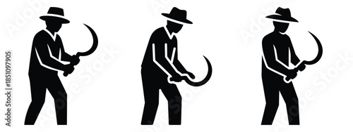 farmer using sickle silhouette icon set. agriculture, plant-based lifestyle symbols