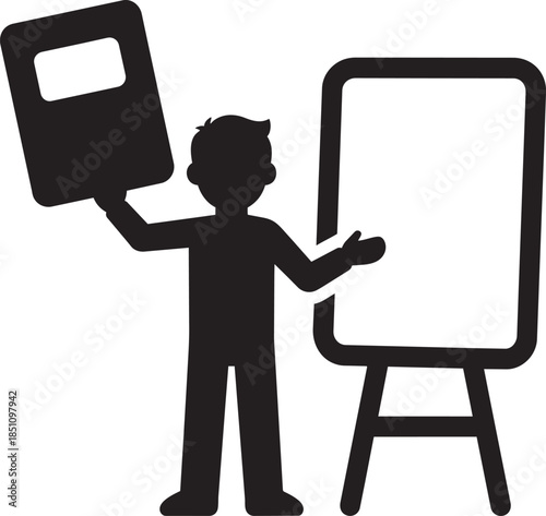 teacher giving presentation vector icon of man with notebook standing next to whiteboard