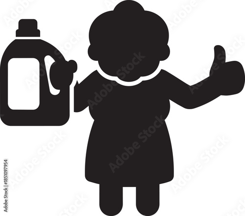 Silhouette woman with bottle of detergent and thumb up in clean room setting