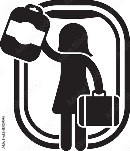traveler woman icon with luggage inside airplane window showing journey and tourism