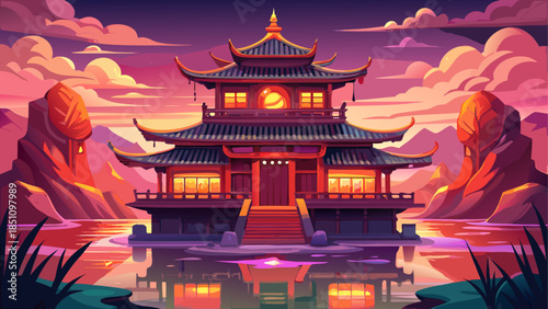 Serene pagoda surrounded by water and mountains at sunset