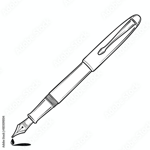 A black and white illustration of a fountain pen with a drop of ink below