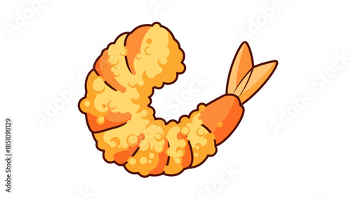 Close up of a golden brown breaded shrimp with tails on a white background