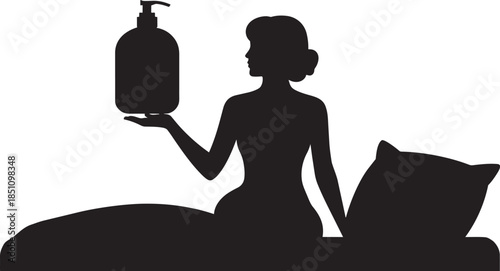Woman on bed holding soap dispenser bottle silhouette design with transparent background