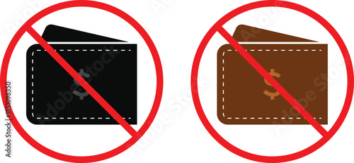 no wallet icon. Money pocketbook prohibition symbols. Wallet forbidden graphic design. Cashless and security signs
