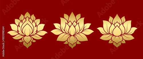Golden Thai Lotus Illustration Set with Traditional Floral Symbol for Spiritual Art, Cultural Decoration, Luxury Branding, Sacred Design, Poster Template, Background, Packaging, Tattoo Idea