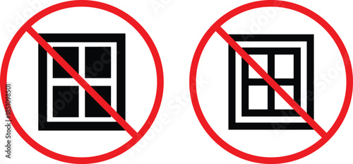 no Window icon. Windowless room symbols. No glass pane graphic. Building restriction and architectural signs
