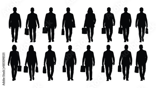 A collection of black silhouettes depicting diverse people walking forward business attire silhouette