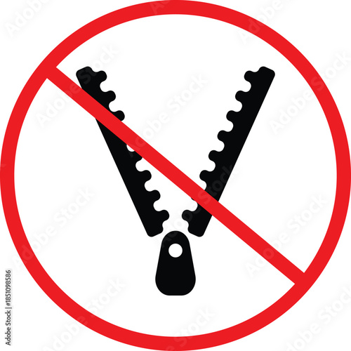 no zipper icon. Prohibited Zipper Symbols. No zip fastener icon. Metal clothing restriction graphic design. MRI and medical safety signs
