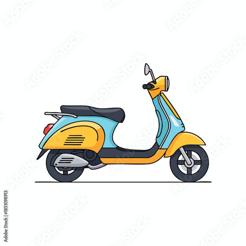Illustration of a scooter in yellow and blue, with black lines, isolated on white