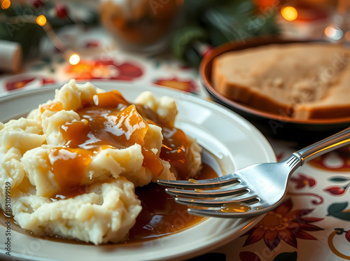 Appetizing Homemade Mashed Potatoes Served In A Ceramic Dish With A Metal Fork Side View