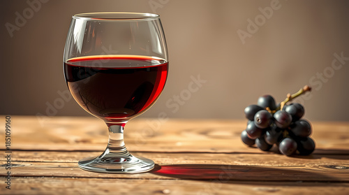 A Glass Of Red Wine Or Juice On A Table With Grapes In The Background