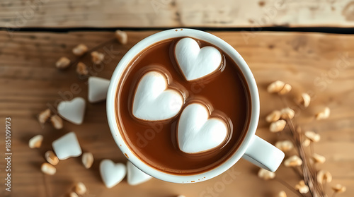Romantic Morning Concept With A Cup Of Coffee And Floating Heart Marshmallows On Wooden Background