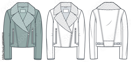 Leather Jacket with Fur Collar Technical Fashion Illustration. Shearling Aviator Jacket fashion flat technical drawing template, front and back view, white, green, women, men, unisex CAD mockup.