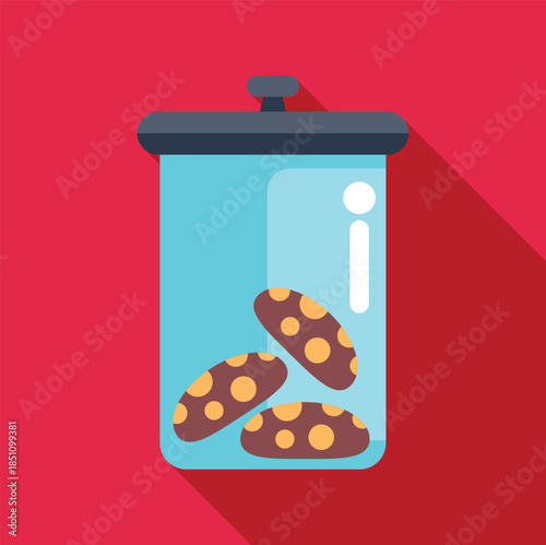 Cookies storing in a glass jar with a dark lid on a red background