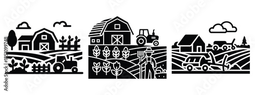 rural farming scene silhouette icon set. agriculture, plant-based lifestyle symbols