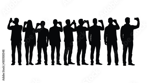 A group of people in various poses standing in a row black and white silhouette