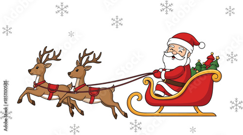 Cheerful cartoon Santa Claus flying in a sleigh pulled by two reindeer through falling snow on christmas eve