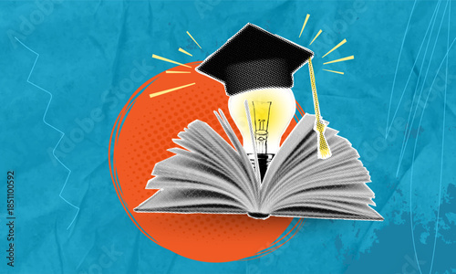 A trendy halftone collage in pop art style. Education, school and university studies, or a conceptual idea. An open book with a light bulb and graduation cap on a blue background serves as a metaphor 
