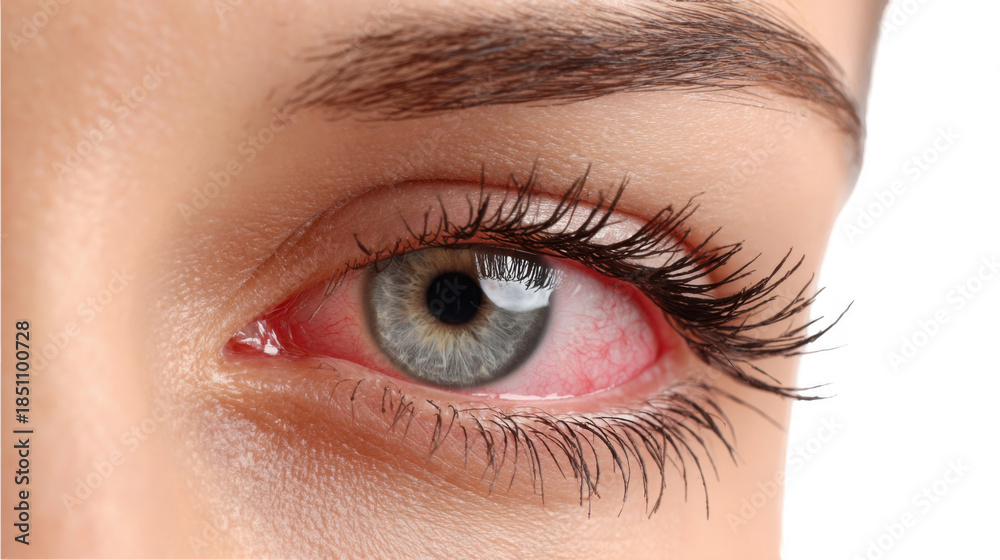 Obraz premium Red irritated eyelid with conjunctivitis, isolated on transparent background, showing inflammation and bloodshot eye, a common eye condition caused by allergies, infections, or irritants