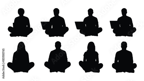 A collection of eight people sitting in a lotus position depicted in black silhouette