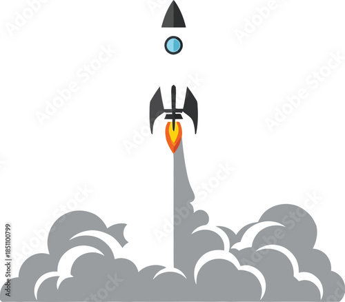 Simple flat design vector graphic illustrating a white rocket launching upwards with powerful engine exhaust clouds