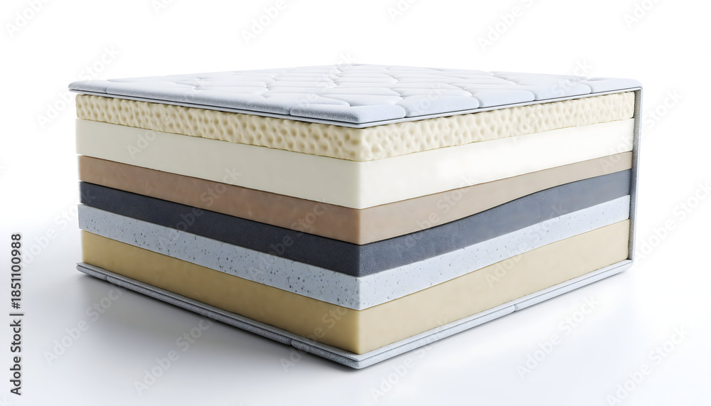 Obraz premium Detailed Cross Section Of A Mattress Showing Multiple Layers Of Foam And Support Materials With A White Quilted Top Layer Against A White Background