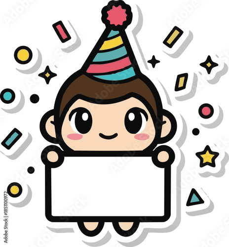 Cartoon kid in party hat holding sign with colorful confetti
