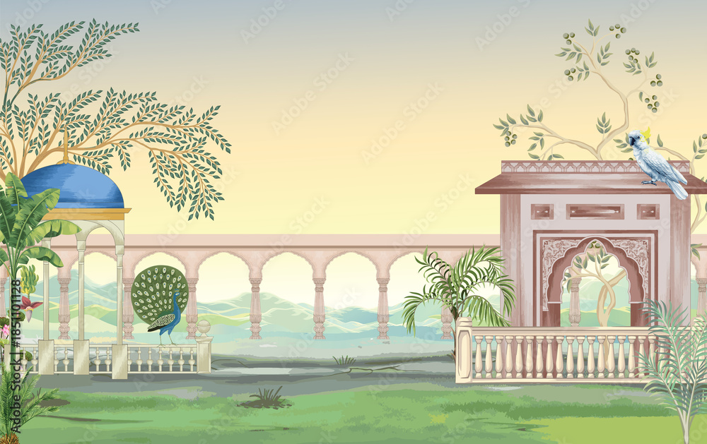 Fototapeta premium Mughal garden arch, plant, peacock pattern illustration for wallpaper. Traditional garden wallpaper design vector illustration.