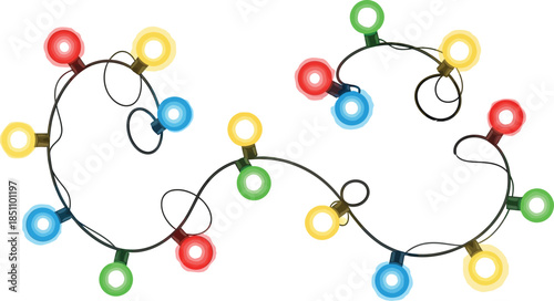 String of colorful glowing holiday lights with tangled wire isolated on a clean white background