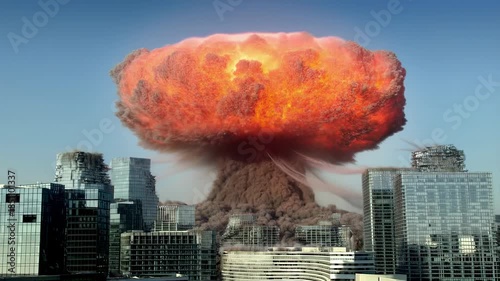 Dramatic explosion and mushroom cloud overtake urban skyline