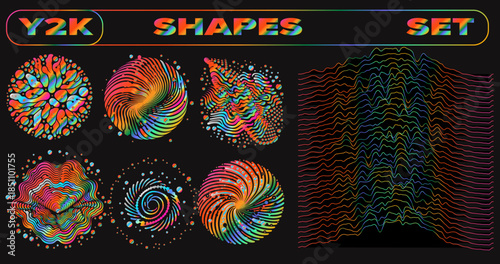 Vibrant vector illustration showcases a Y2K-inspired set of abstract shapes with swirling spirals, wavy blobs, and concentric patterns in rainbow chrome gradients on a black background.