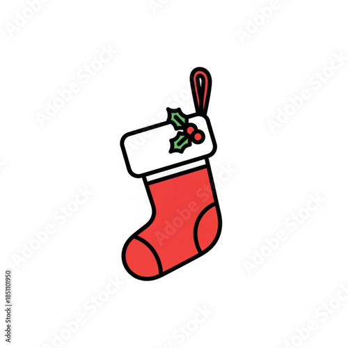 A simple red Christmas stocking with a white cuff decorated with holly berries and leaves, ready to be filled with gifts