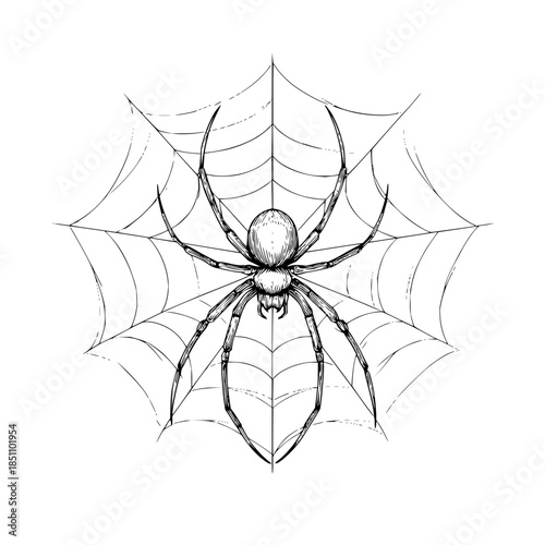 Detailed sketch of a spider with long legs sitting in the middle of its intricate web illustration