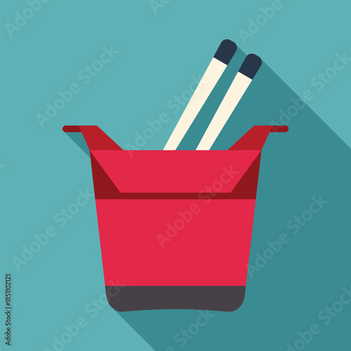 Red chinese takeout box holding chopsticks with a long shadow design