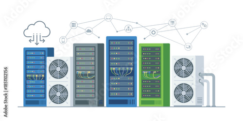 Data center racks showing cloud computing network infrastructure