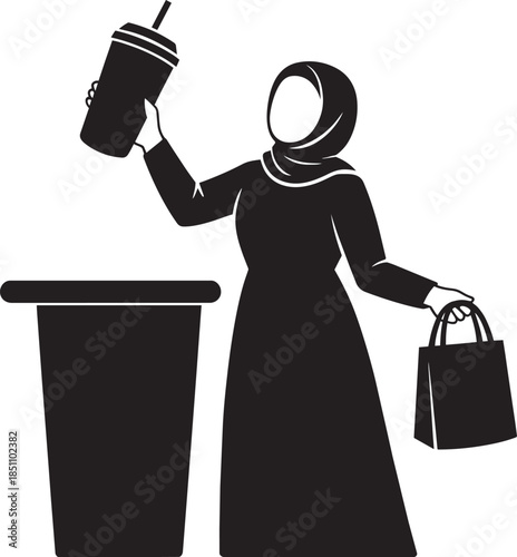 Muslim woman holding takeaway cup and shopping bag silhouette design with transparent background