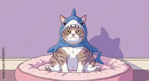 Angry tabby cat sitting in a blue shark costume on a pink pet bed