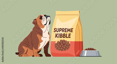 Bulldog dog sitting with large bag of dry pet kibble and food bowl