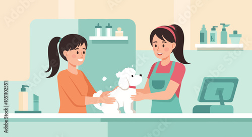 Professional groomer and owner washing a white fluffy dog at pet salon.