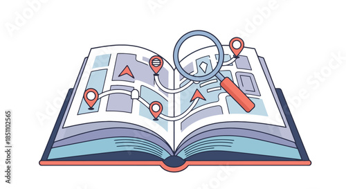 Open book with map, route plan, location pins, and magnifying glass