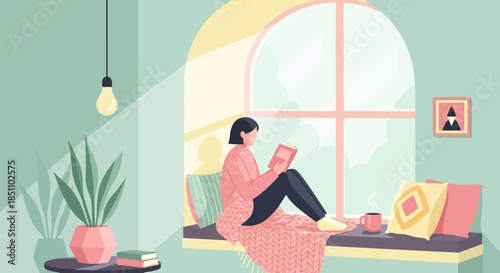 Woman Reading Book on Cozy Window Seat in Flat Vector Illustration
