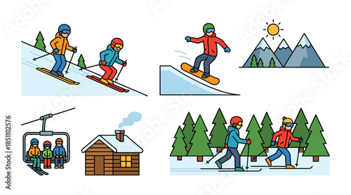 Winter mountain sports activity icons set