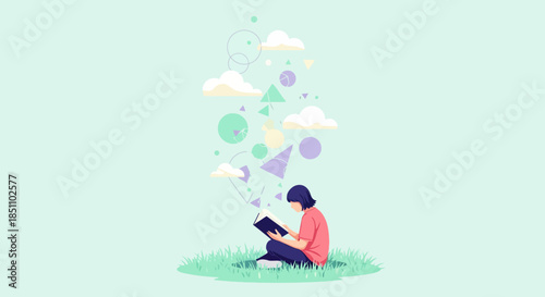 Young person reading book on grass with floating geometric shapes