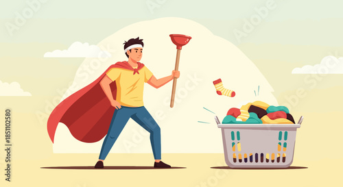 Domestic Hero ready to tackle laundry chores holding a plunger