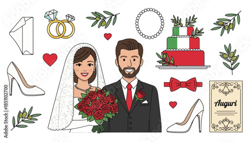 A delightful wedding illustration featuring a bride, groom, wedding cake, rings, shoes, and olive branches