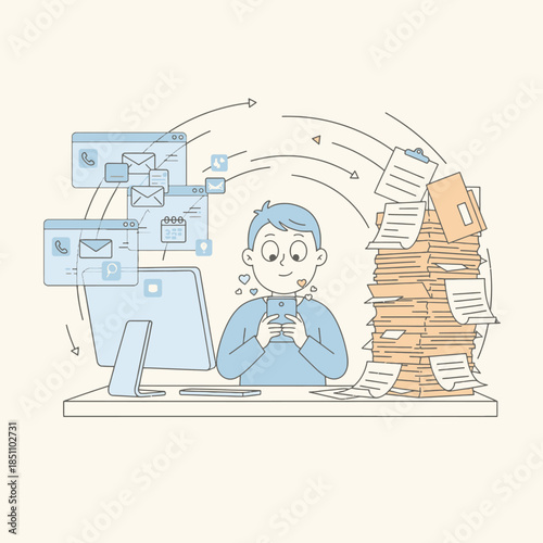 Employee distracted by smartphone ignores digital and physical workload.