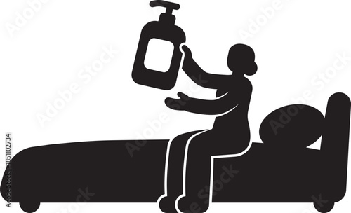 Person silhouette sitting on bed holding pump bottle for hygiene or health