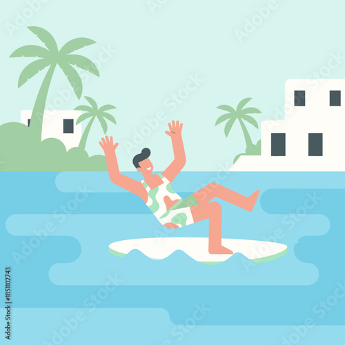 Man losing balance on surfboard near tropical beach resort